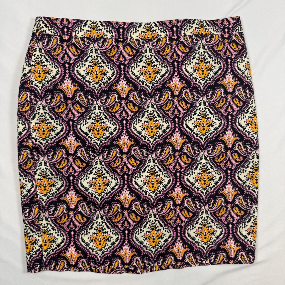 J.Crew The Pencil Skirt 14 Navy Pink Yellow Paisley Damask Cotton B8203 HO16